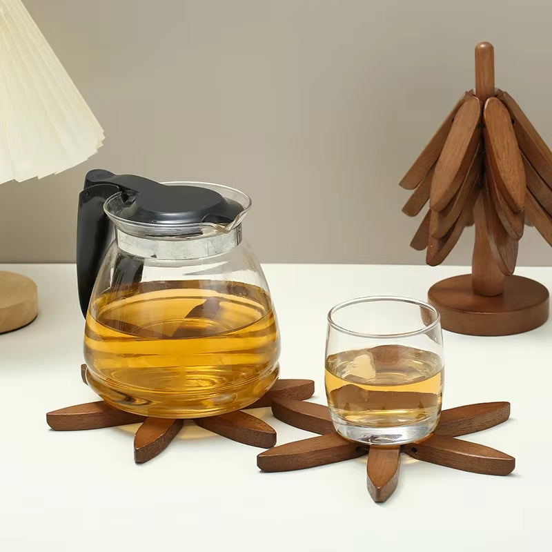 4PCS Bamboo Wooden Trivets Set Tree Design Heat Resistant Table Mats & Coasters for Pots and Hot Dishes
