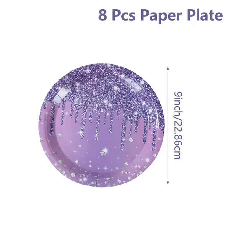 Purple Party Decoration Paper Plates Napkins Party Supplies Diamond Glitter Decorations Purple Birthday Wedding Party Decoration