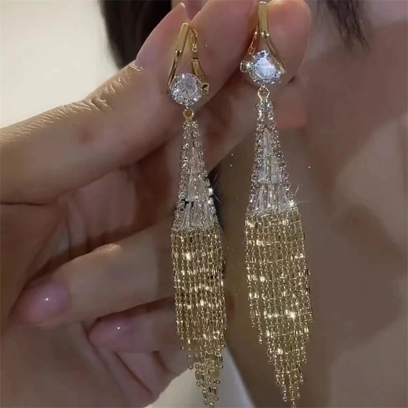 Luxury Black Zircon Tassel Earrings – Shiny Water Drop Design for Women, Bridal & Party Jewelry Gift