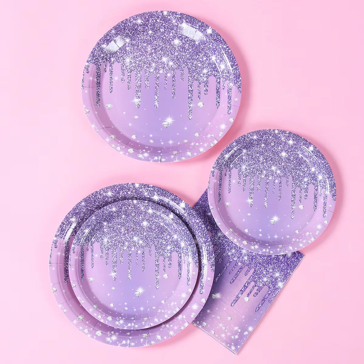 Purple Party Decoration Paper Plates Napkins Party Supplies Diamond Glitter Decorations Purple Birthday Wedding Party Decoration