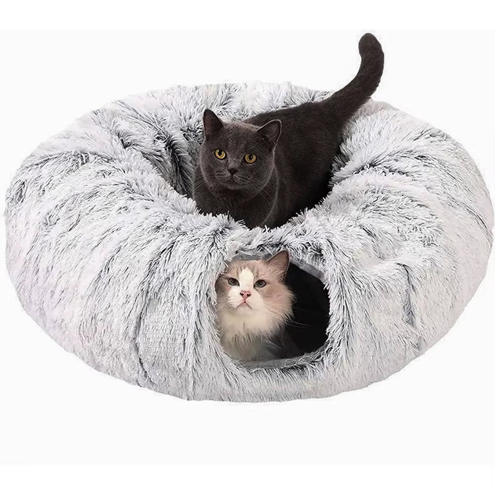 Winter Plush Cat Tunnel Bed – Foldable 2-in-1 Cozy Round Cat Nest & Hideaway
