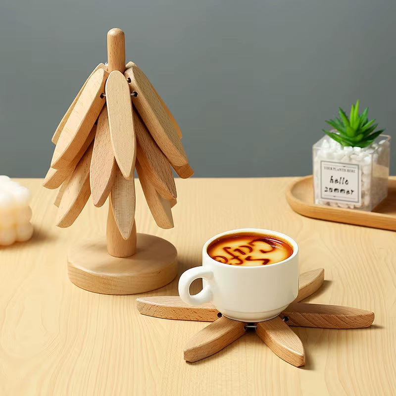 4PCS Bamboo Wooden Trivets Set Tree Design Heat Resistant Table Mats & Coasters for Pots and Hot Dishes