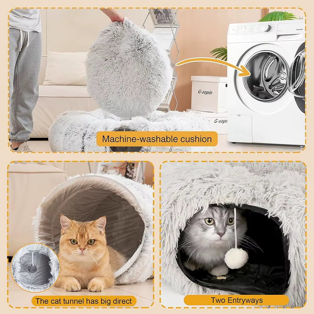 Winter Plush Cat Tunnel Bed – Foldable 2-in-1 Cozy Round Cat Nest & Hideaway