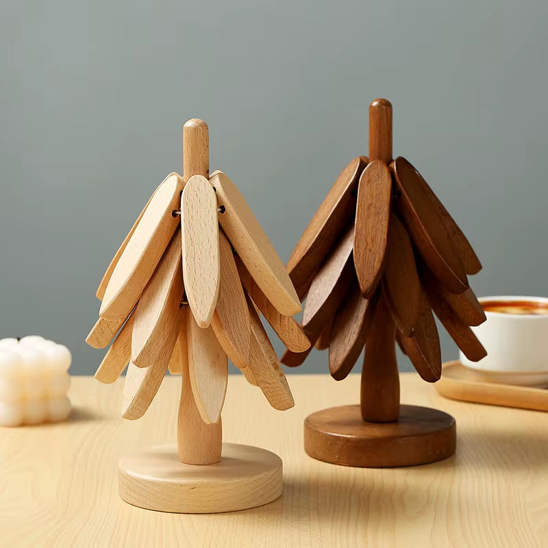 4PCS Bamboo Wooden Trivets Set Tree Design Heat Resistant Table Mats & Coasters for Pots and Hot Dishes
