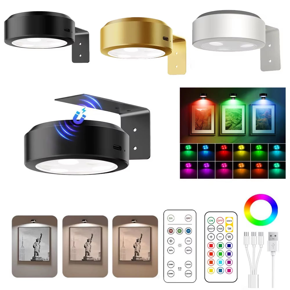 Picture Lights for Wall Rechargeable Magnetic Poster Lights Remote Dimmable Timer Painting Light Wall Decor Light Painting Light