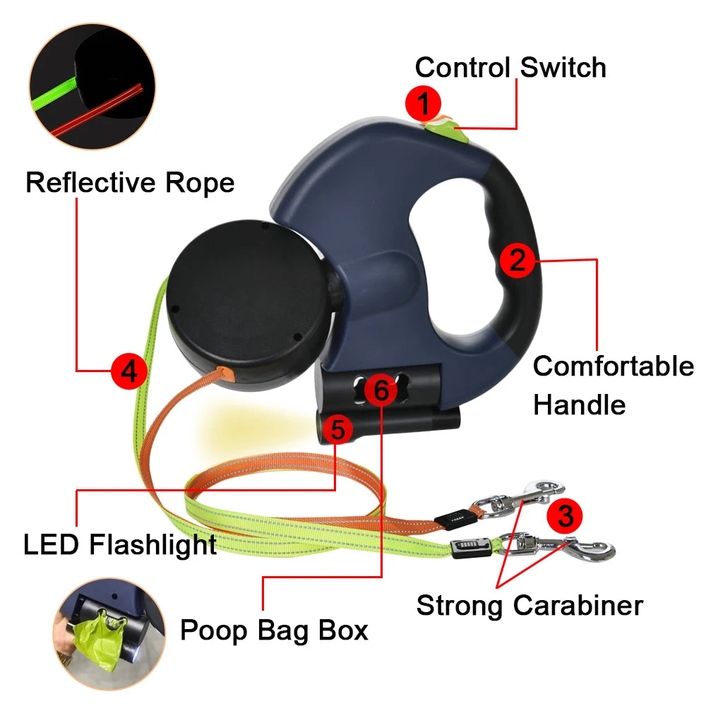 3M Retractable Dog Leash with LED Light – Reflective No-Tangle Leash for Small Dogs