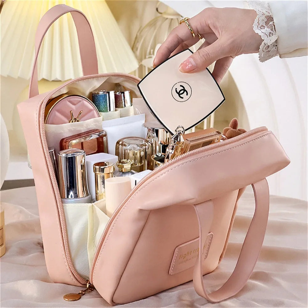 New Large Capacity Travel Cosmetic Bag Portable Leather Toiletry Bag with Handle Organizer Multifunctional Waterproof Makeup Bag