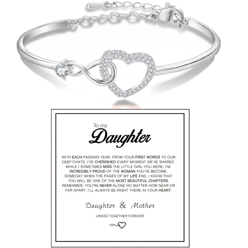To My Daughter Forever Connected Bracelet – Infinity Heart CZ Gift from Mom with Message Card & Gift Box