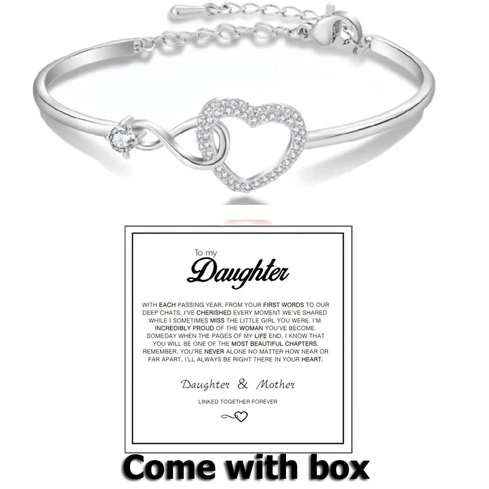 To My Daughter Forever Connected Bracelet – Infinity Heart CZ Gift from Mom with Message Card & Gift Box