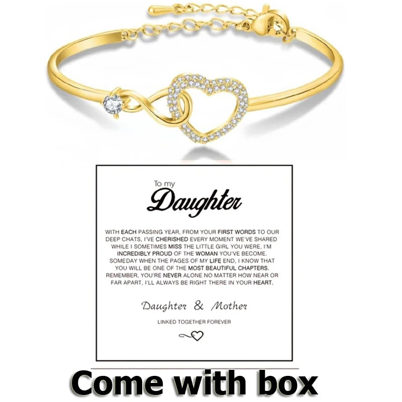 To My Daughter Forever Connected Bracelet – Infinity Heart CZ Gift from Mom with Message Card & Gift Box