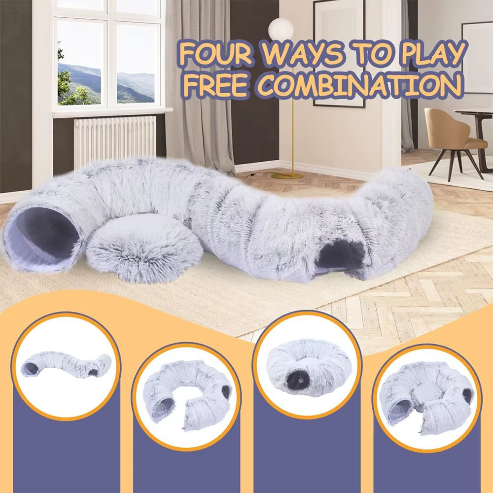 Winter Plush Cat Tunnel Bed – Foldable 2-in-1 Cozy Round Cat Nest & Hideaway