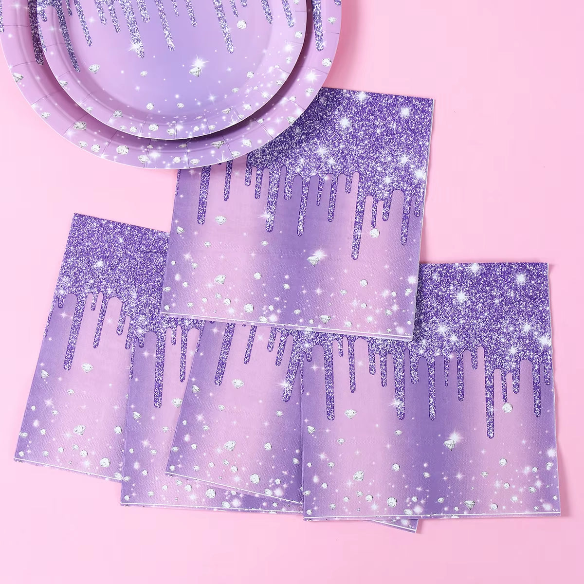 Purple Party Decoration Paper Plates Napkins Party Supplies Diamond Glitter Decorations Purple Birthday Wedding Party Decoration