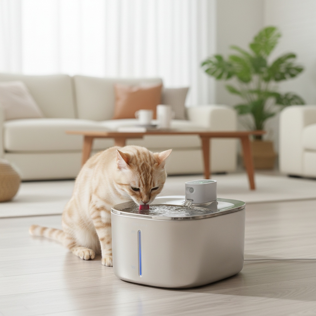Cat drinking from automatic water fountain