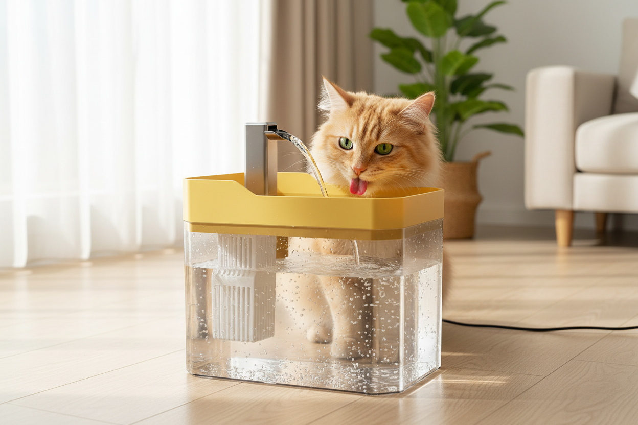 Cat drinking from transparent USB water fountain