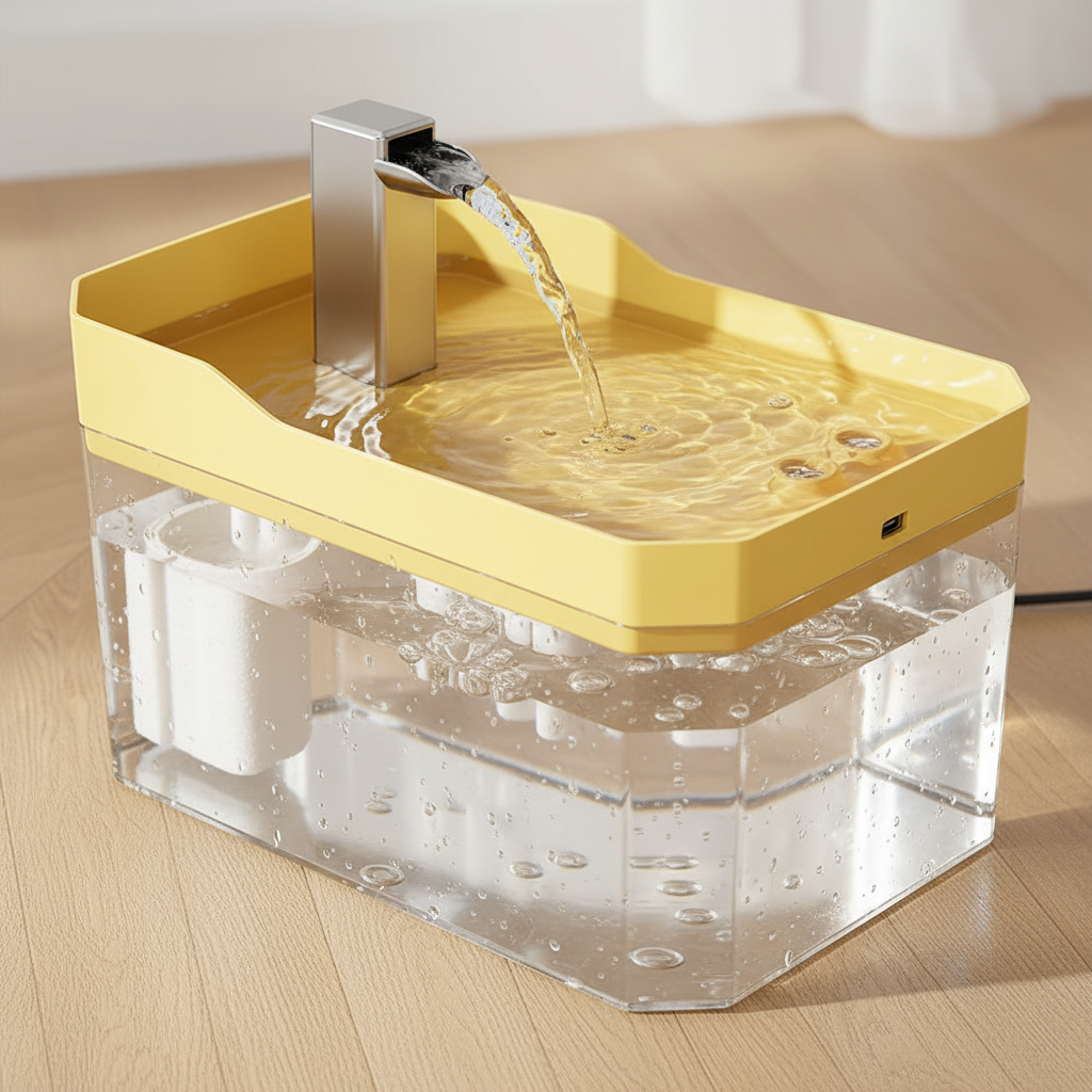 Close-up of cat fountain showing filter and water flow