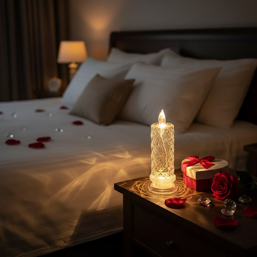 Crystal rose lamp on nightstand
