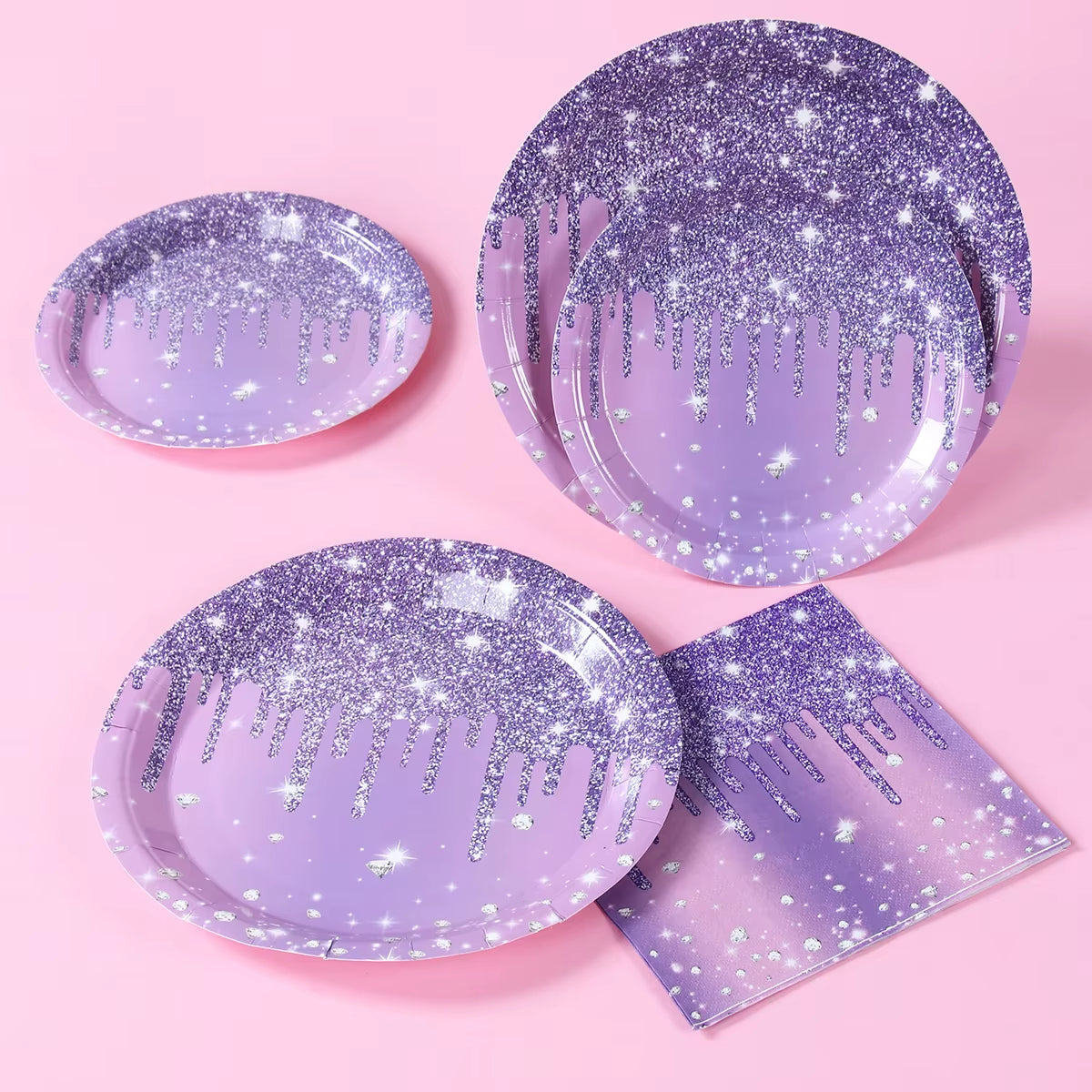 Purple Party Decoration Paper Plates Napkins Party Supplies Diamond Glitter Decorations Purple Birthday Wedding Party Decoration