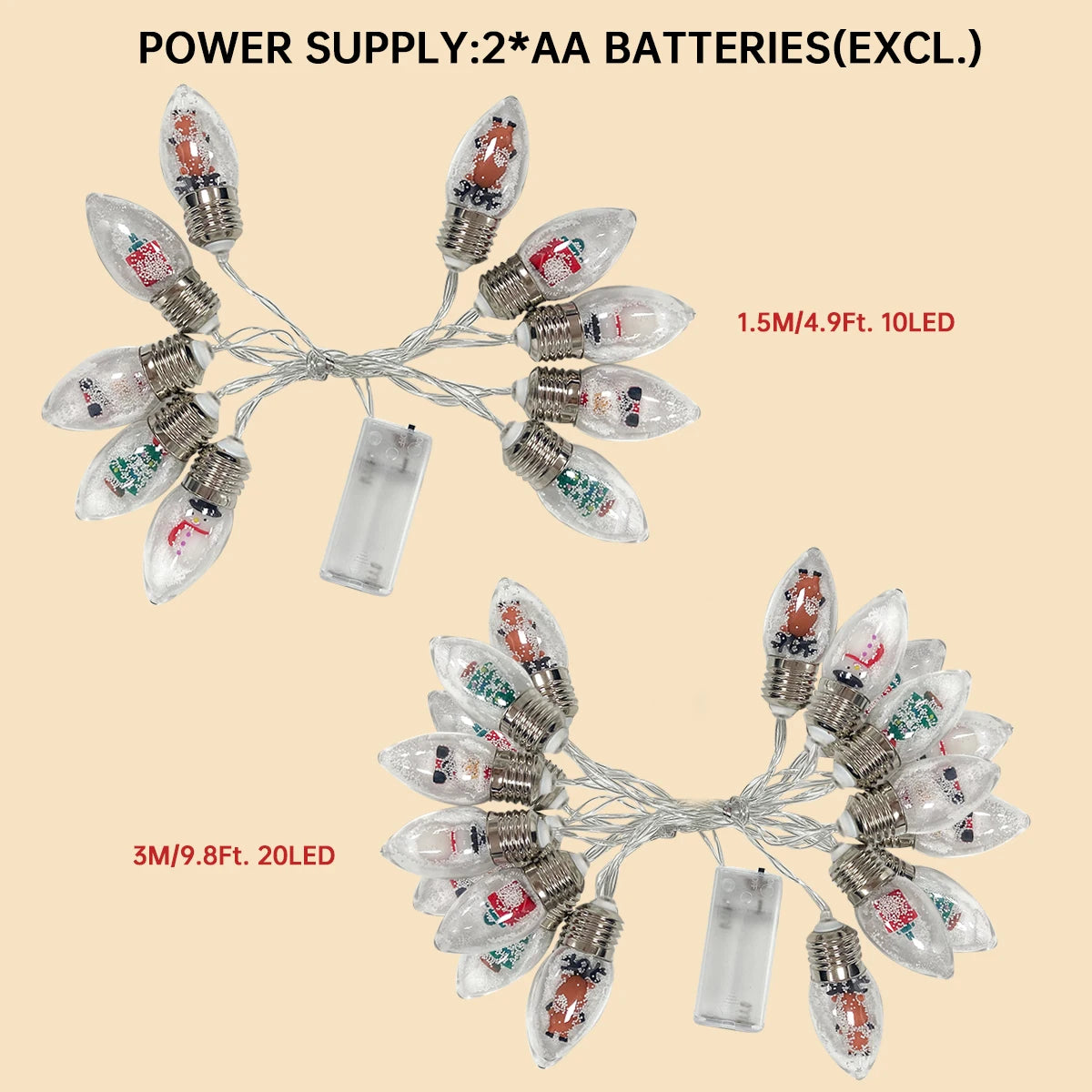 1Pc 10/20 LED Christmas Snowball String Lights – Clear Bulbs with Santa, Snowman & Tree Gift Mix (Battery Powered)