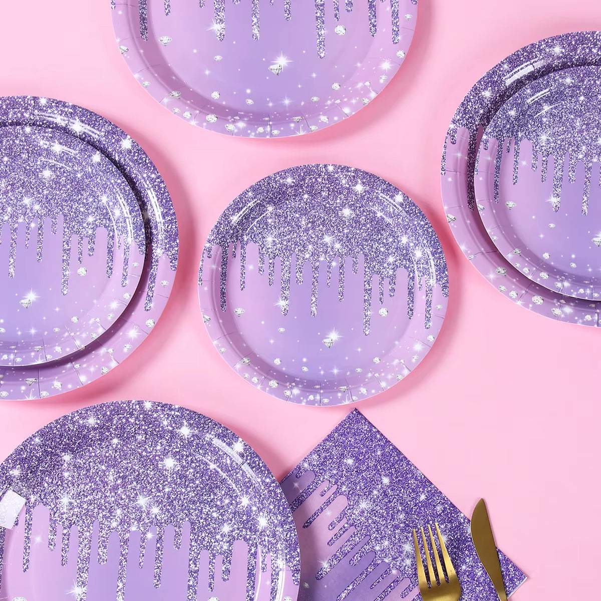Purple Party Decoration Paper Plates Napkins Party Supplies Diamond Glitter Decorations Purple Birthday Wedding Party Decoration