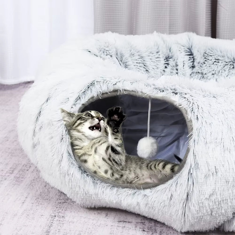 Winter Plush Cat Tunnel Bed – Foldable 2-in-1 Cozy Round Cat Nest & Hideaway