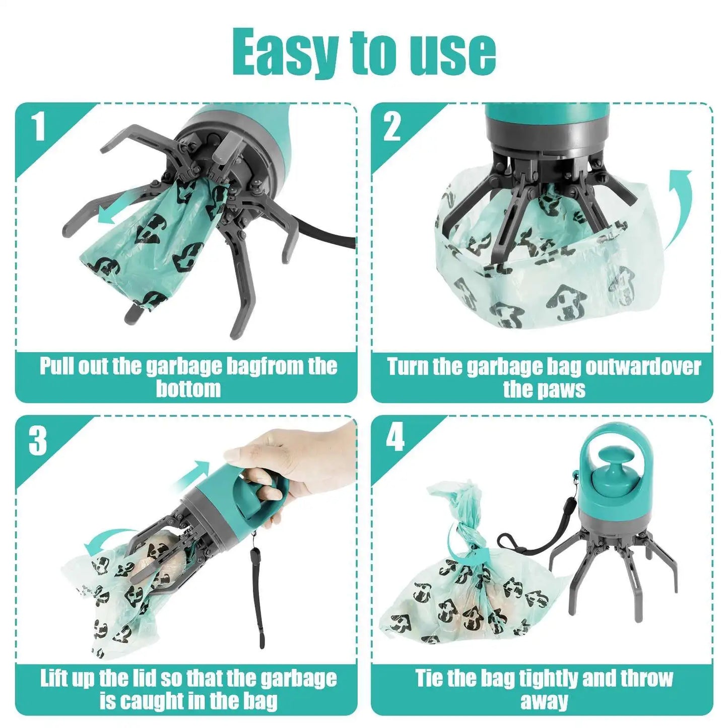 Portable Dog Pooper Scooper Outdoor Pet Waste Pick-Up Cleaner Built-In Garbage Bag Handheld Pet Poop Grabber No Touch Design