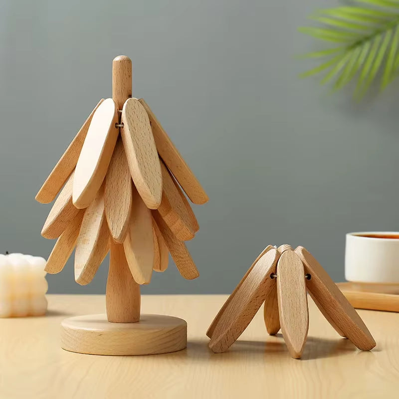 4PCS Bamboo Wooden Trivets Set Tree Design Heat Resistant Table Mats & Coasters for Pots and Hot Dishes