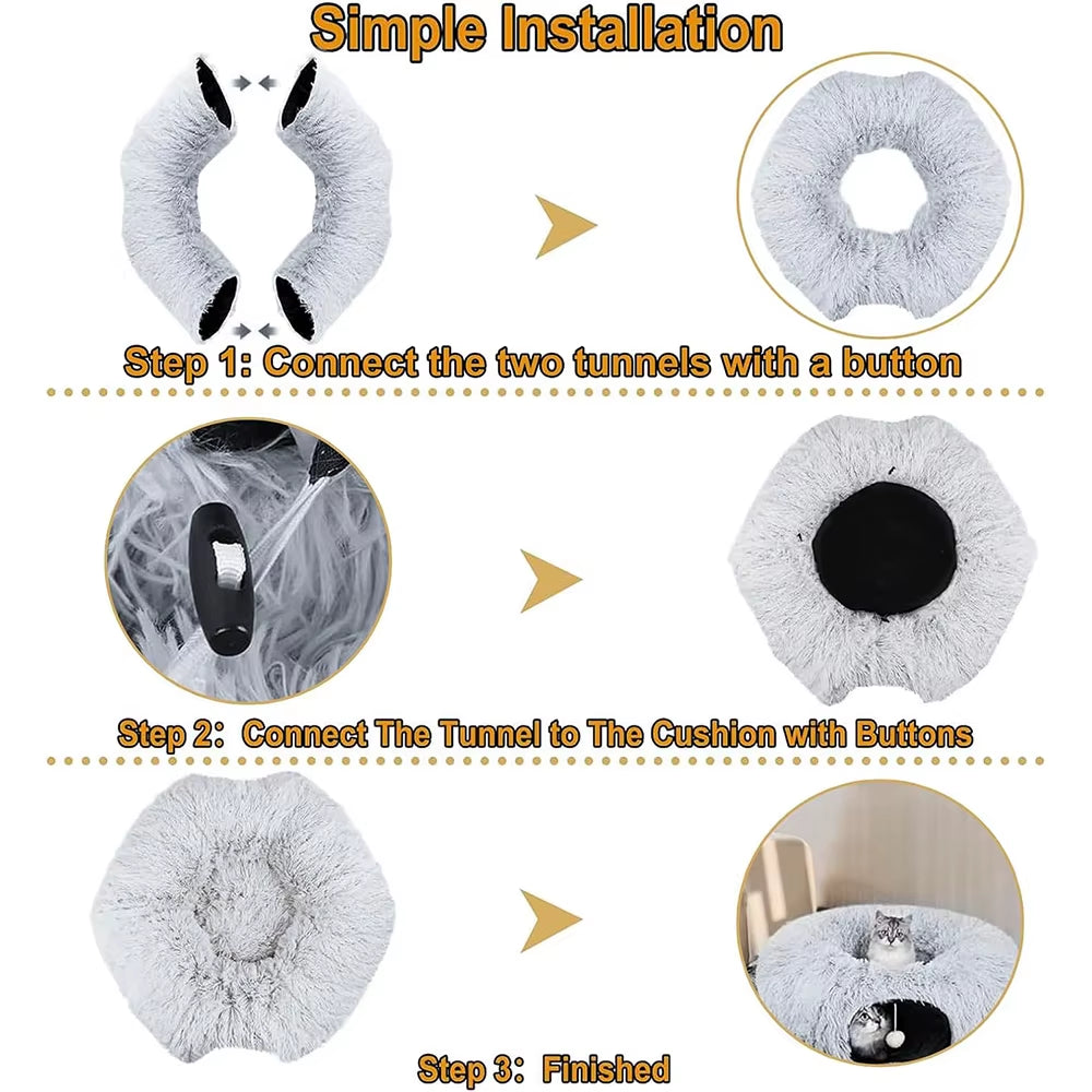 Winter Plush Cat Tunnel Bed – Foldable 2-in-1 Cozy Round Cat Nest & Hideaway