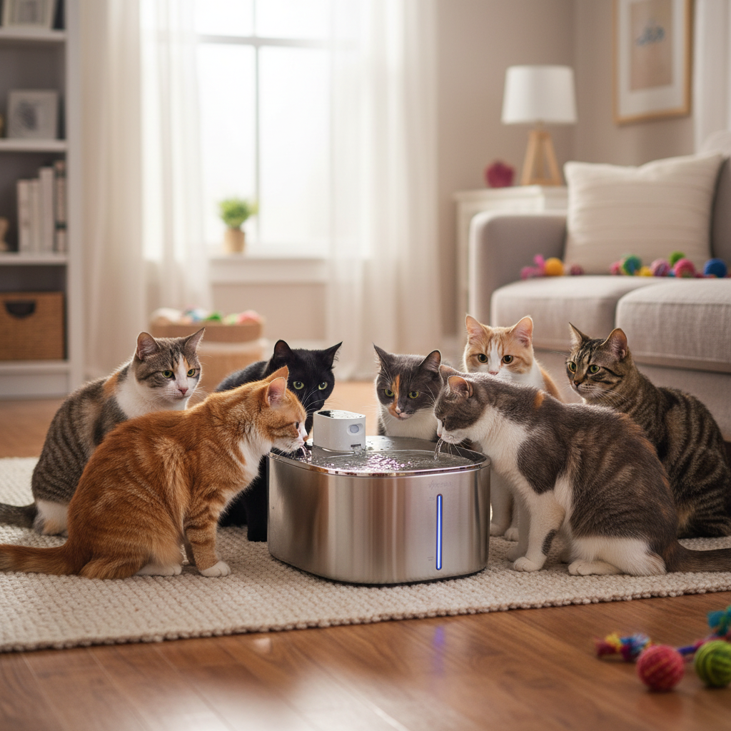 Multiple cats around water fountain