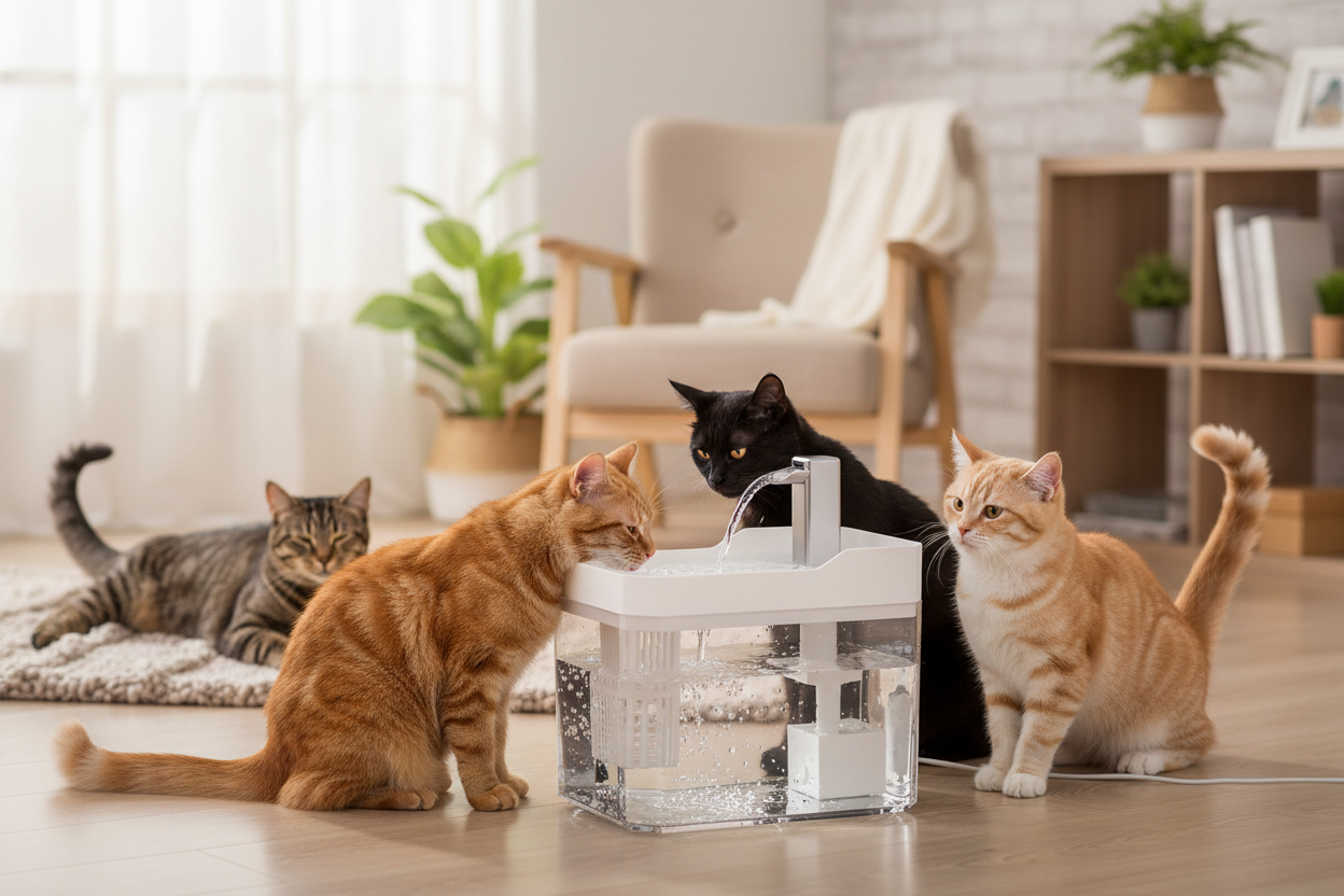 Multiple cats enjoying the automatic water fountain