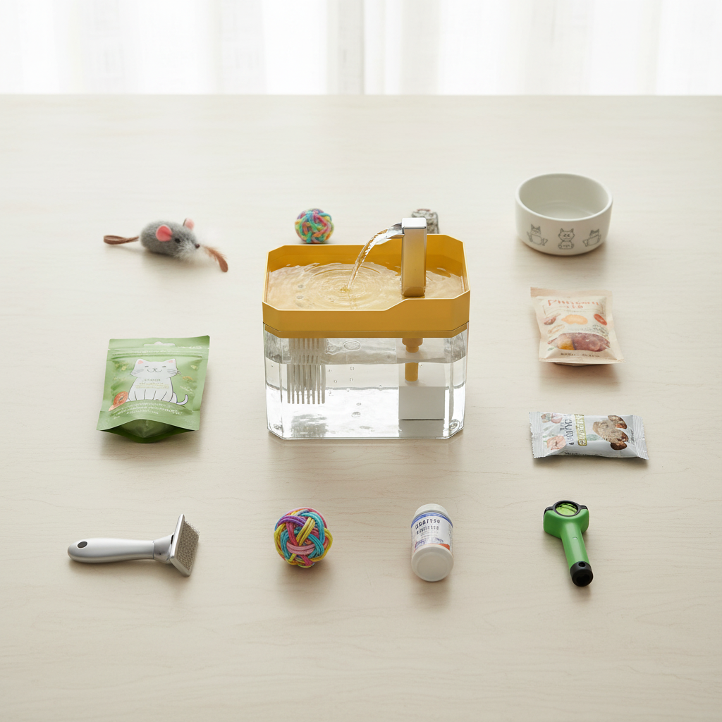 Pet care flat lay with cat fountain and accessories