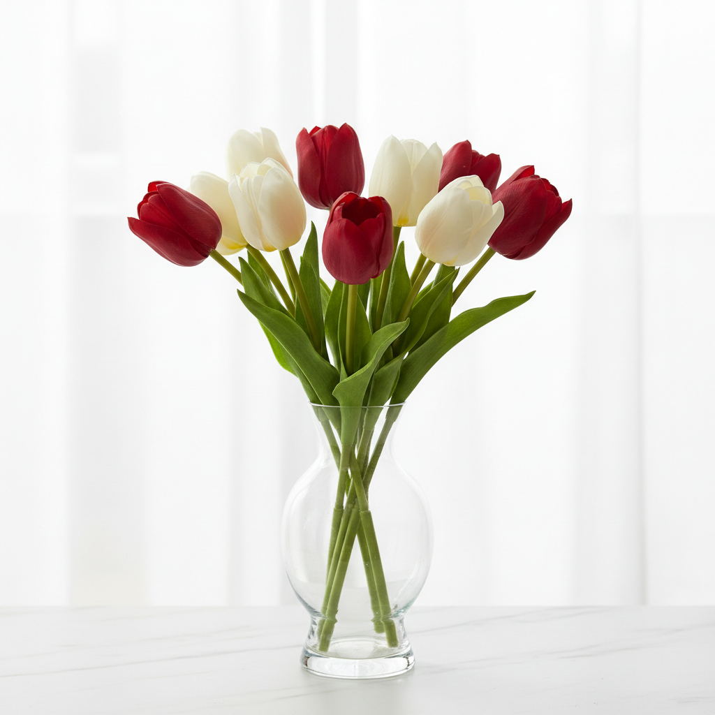 Red and white artificial tulips product image