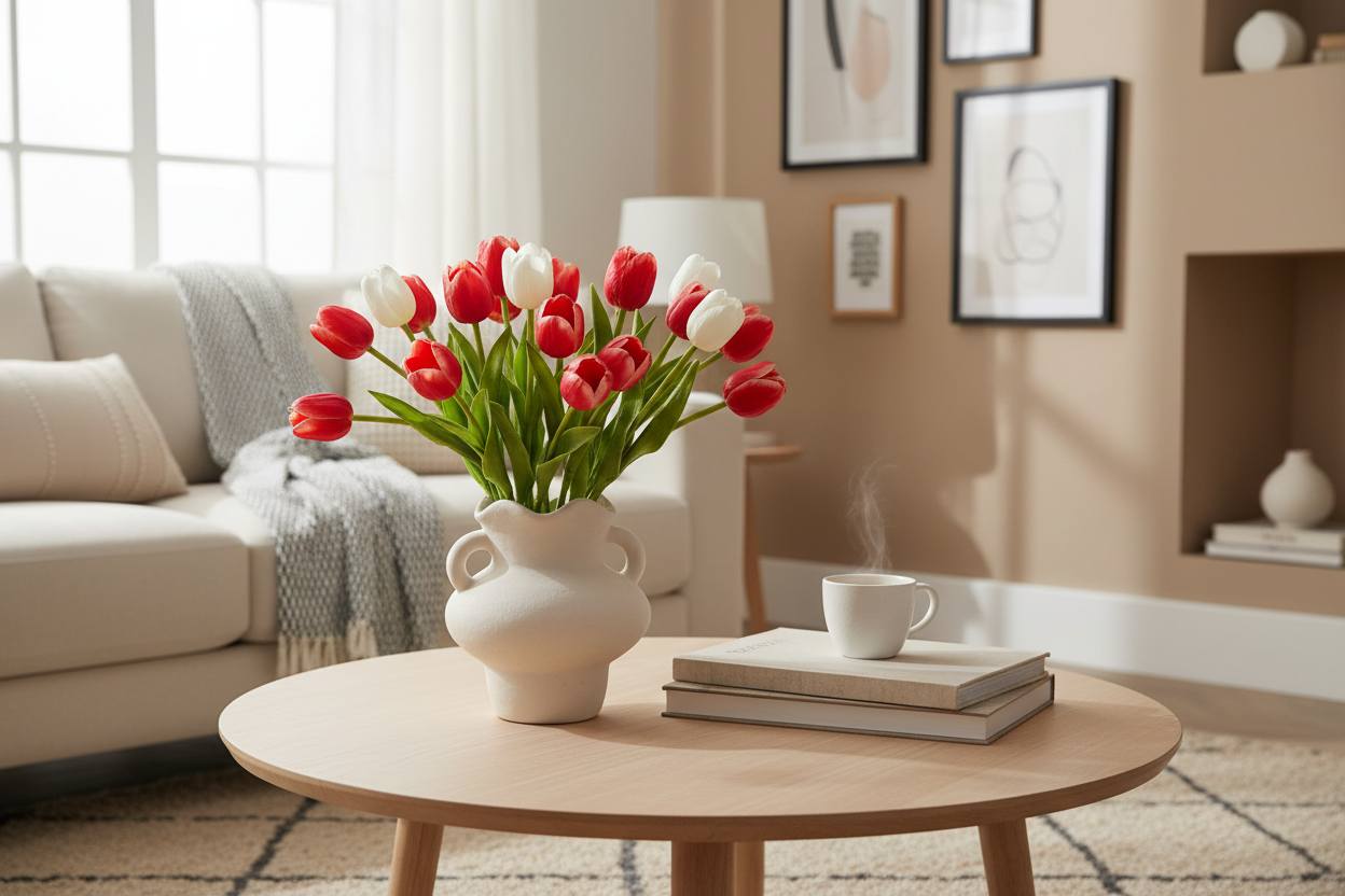 Red and white tulips in pot - home lifestyle setting